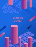 Geometric shapes blue background. Red elongated cylinders on cellular abstract floor with round vector cover.