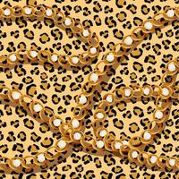 Tiger skin with gold chains and pearls seamless pattern. Yellow cat spots with black jaguar scheme color outlines in cheetah vector