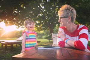 mom and her little daughter using tablet computer photo