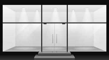 Empty lighted room template. Blank store showcase with glass panels and steps white led lamps burning inside realistic interior for vector presentation.