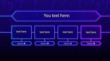 Neon quiz template. Stylish game contest with choice of right answer in neon glowing banner frame fun vector knowledge tournament information show I want to know everything.