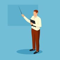 Teacher conducts lesson isometric illustration. Male character with pointer and in business suit giving lecture. vector