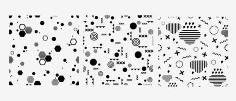 Black and white geometric shapes on background. Hexagons with stripes, circles, crosses, cloud with lines and drops. Seamless pattern with objects vector illustration.