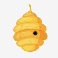 Yellow bee hive in cartoon style. Full of fresh honey. Oval-ribbed with a round central entrance. Bee hive graphics on an isolated white background. vector