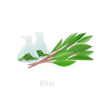 manojos de hojas de khat con materias primas en frascos. el concepto de catha edulis - una droga orgánica masticable que se usa para la euforia, un estímulo relajante para el estado de ánimo. vector