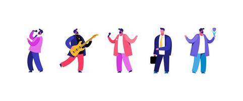 Men romantic musicians. Male characters in smart clothes play guitar and sing. vector