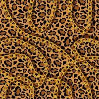 Cheetah skin with gold chains seamless pattern. Panther yellow spots with black jaguar scheme outlines in cheetah vector color.