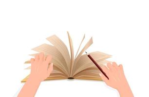 Hands with pencil leaf through notebook. Book personal notes with turning pages and brown pencil for notes writing interesting facts and vector biography.