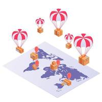 Worldwide shipping isometric concept. Global transportation of goods yellow boxes parachuting world map. vector