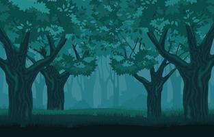 Mystical gloomy forest. Mysterious centuryold trees in darkness silhouettes burnt grove in fog terrible fantasy landscape ancient sad vector forest with echoes long standing battle.