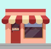 Open shop illustration. Cartoon shopping kiosk with white and red awning open to visitors information hanging message on doors of cafe simple effective vector advertising.