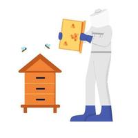 hombre apicultor con traje protector blanco trabajando en un apiario rodeado de estilo de grandes extremidades de abeja vector