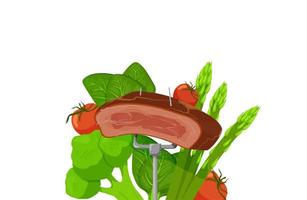 Fried meat on fork surrounded vegetables clipart. Juicy brown beefsteak with red tomatoes and green lettuce vector cabbage.