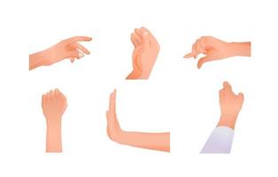 Signs hands set. Different signals symbols made with hands palm forward stop or refusal, clenched fist raised up, indicating cartoon distance concept of silent vector communication.