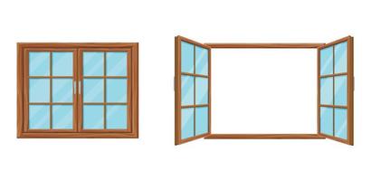 plantilla de ventana de madera cerrada y abierta. ventana de malla de madera moderna dos puertas plegables. vector