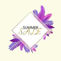 Summer sale banner template. Text in square frame with palm leaves. Tropical background. Seasonal design for shop advertisement vector illustration.