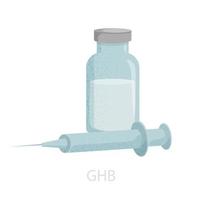 Illustration ghb, diluted in a bottle with a liquid, next to a syringe. Psychoactive drug, ecstasy for club parties. Vector graphics for mobile and web design.