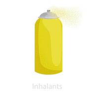 Spray inhaler for inhalation of medical and narcotic substances. Illustration of a spray can of yellow color spraying substance. Design treatment, medical care, therapy