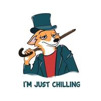 Stylish fox in suit just chilling. Cartoon character in green top hat with cane with sly face. vector