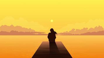 Lonely girl silhouette on sunset. Sad alone dreamy woman sitting looking at orange sunset among clouds on sea pier illustration person loneliness pensive vector depression.