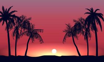 Red sunset and silhouettes of palm alley. Evening tropical beach on background setting sun beautiful paradise coast resort romantic lagoon with exotic vector .