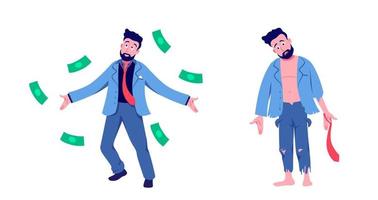 Rich and poor man. Joyful businessman throwing green cash and beggar vector