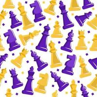 Chess seamless pattern. Purple and yellow figures on cage field ancient strategy game developing logic. vector