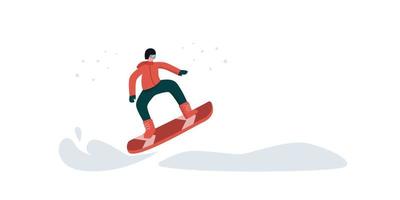 un hombre se dedica al snowboard. el concepto de un snowboarder volando rápidamente sobre extensiones nevadas. ilustración de un estilo de vida extremo y activo, deporte. vector