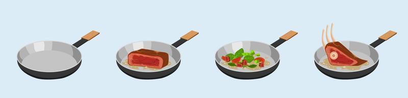 Process of frying meat and vegetables in skillet. Stir fried brown beefsteak and fried green vegetable mixture with vector pepper.