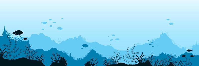 Underwater ocean world background. Black silhouettes swimming sea fish with blue outlines corals.