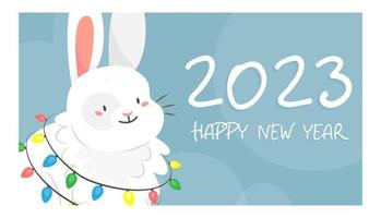 Happy new year 2023 vector banner template illustration with cute white rabbit with garland in cartoon style. Year of the rabbit. Card template. Vector illustration.