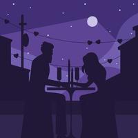 cena romántica con ilustración de silueta de luna. los personajes enamorados se sientan en la mesa del restaurante con velas en un área abierta. vector
