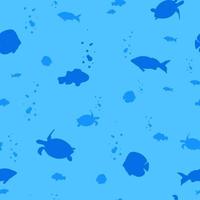 Underwater world seamless pattern. Blue depth with silhouettes of fish and sea turtles diving in mariana trench oceanic aquarium with underwater inhabitants exotic world vector diving.