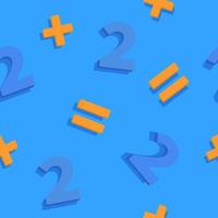 Two plus two seamless pattern. Blue numbers with orange arithmetic signs algebraic counting in mathematics business calculations and marketing vector operations addition in retail.