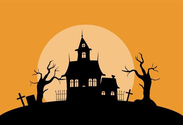 Mystical house in cemetery silhouette illustration. Spooky old palace with dry trees and gravestones against setting sun with creepy gothic vector.