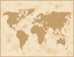 Medieval world map. Old paper with painted continents and meridians with wind rose antique geography. vector