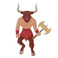 Minotaur with battle ax. Mythical greek colored powerful creature the half human bull legendary minotaur from cretan vector labyrinth ancient cannibal monster double ax combat clipart.