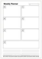 Ilustración plana de vector de plantilla de hoja de papel de planificador semanal en blanco y negro simple. horario de semana diario monocromático. el calendario comercial comienza a partir del lunes. tablero vacío con lugar para texto