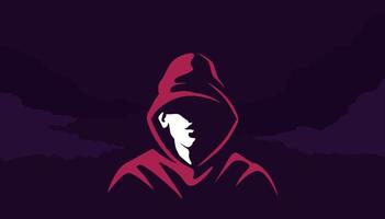 Mystical silhouette of acharacter in hoodie . Mysterious cyber hacker red sweatshirt in twilight. vector