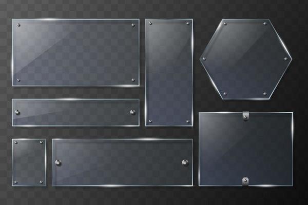 Glass frames transparent isolated banner. Geometric mirrors in realistic style with shiny coating blank