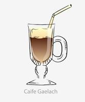 cóctel de café irlandés. Cóctel alcohólico caife gaelach marrón con café negro caliente a base de crema whisky irlandés crema batida de azúcar moreno servido en la categoría de vidrio moderno clásico moderno. vector