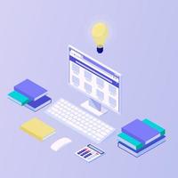 Computer and books distance learning isometric concept. Online school university at home information training. vector