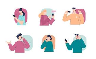 People talking on phone set. Communication in quarantine mode different smartphone. vector