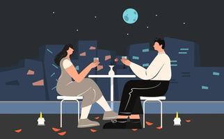 pareja disfrutando de una velada romántica sentada en la mesa bebiendo vino en el techo vector ilustración plana