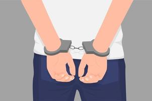 Cartoon crime man hands in handcuff at back isolated. Colorful arrested male arms wearing manacle behind vector graphic illustration. Close up law perpetrator at prison