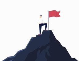 Businessman with flag top mountain concept. Male successful character leader at peak of career red flag success active career active progress in climbing cartoon high vector top.