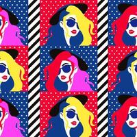 Stylish woman in sunglasses seamless pattern. Fashionable girl in hat with yellow red hairstyle. vector