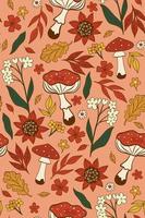 Seamless pattern with fly agaric, leaves and flowers. Vector graphics.