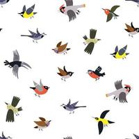 Seamless vector pattern with little city birds isolated on a white background. Graphic print for children.