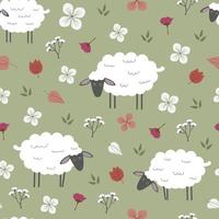 Seamless vector pattern with white sheeps with black muzzles graze in a green meadow. Graphic print for children.